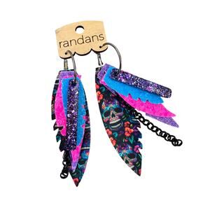 Randans NWT Boutique Dia de los Muerto Skull Statement Earrings Pink Blue Purple